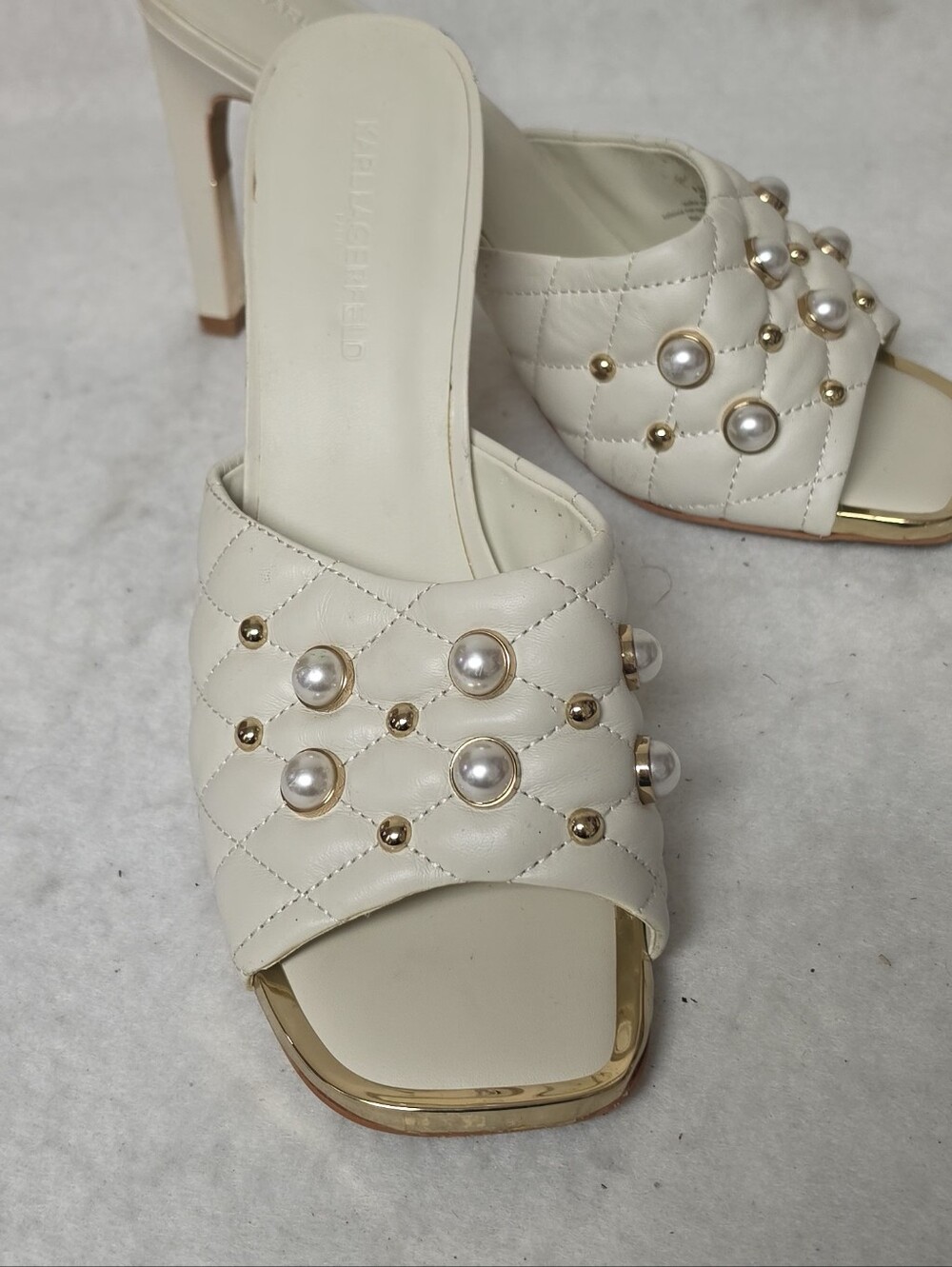 Karl Lagerfeld Pearl-Embellished Quilted White High Heel Mules